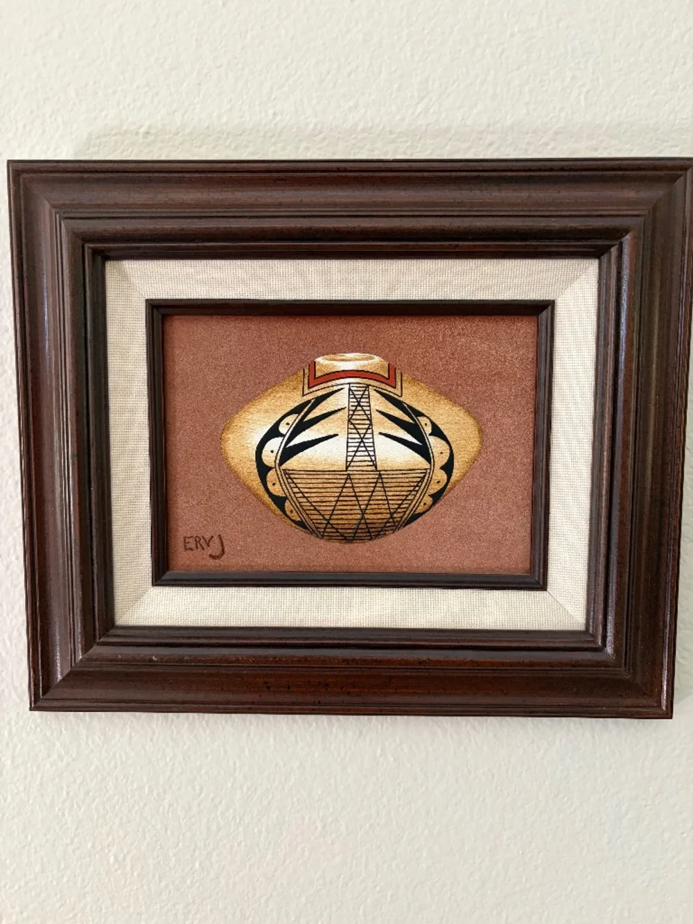 Vintage Original Erv Johnson Hopi Style Pottery Painting on Suede -Framed